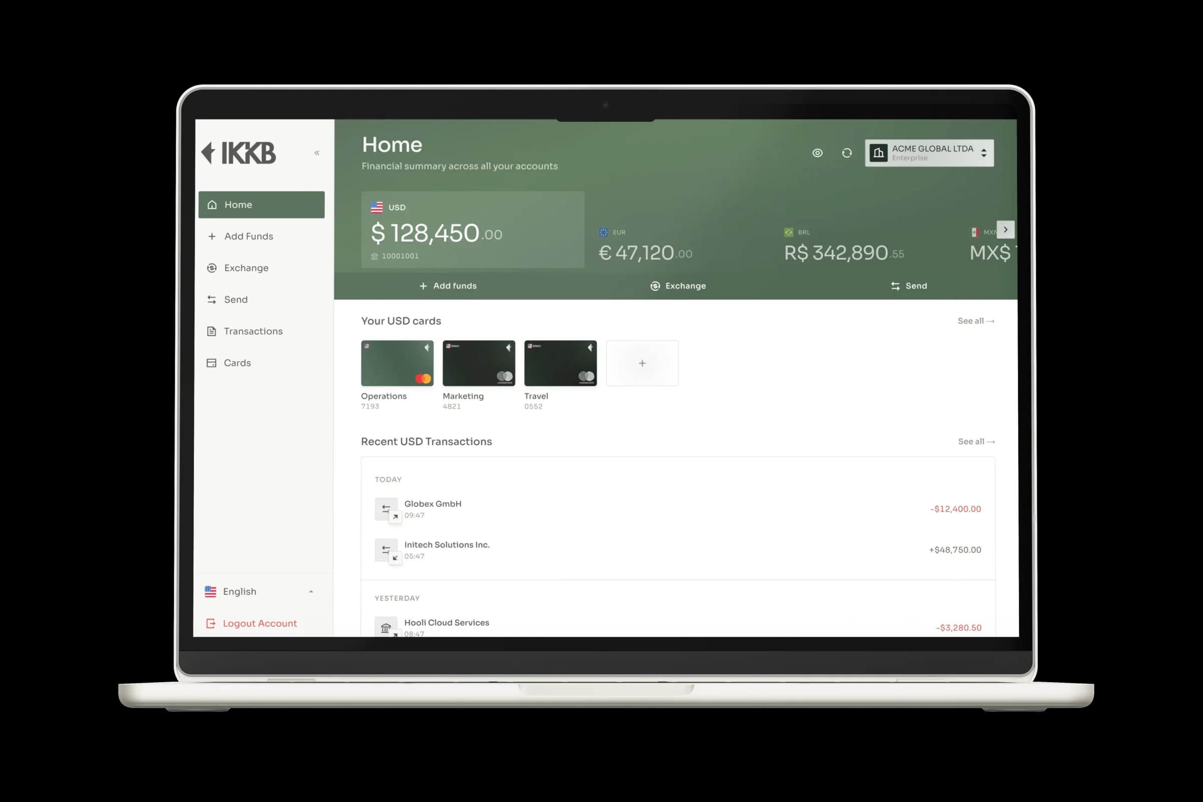 O painel da IKKB em um notebook, mostrando saldos em várias moedas
